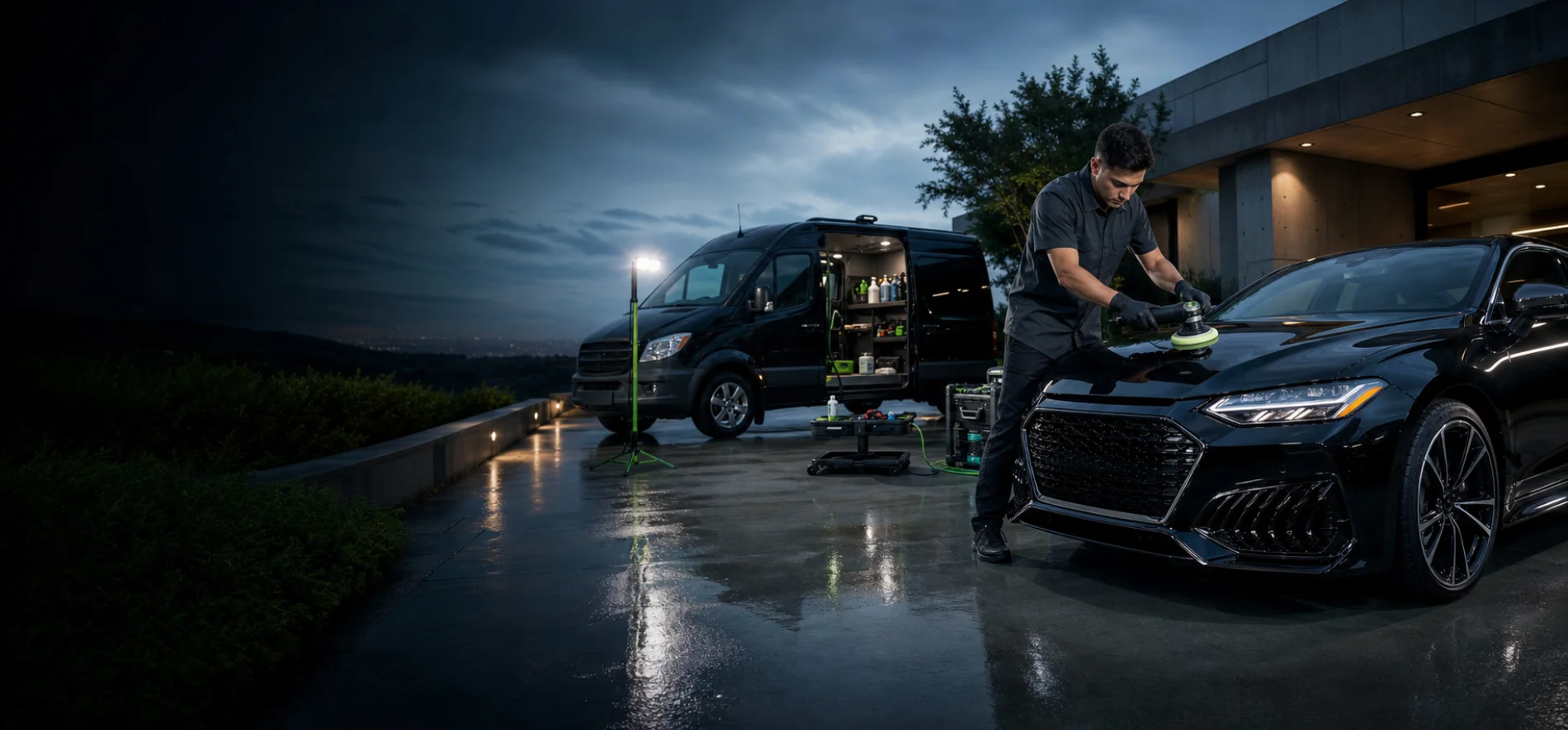 Concept image of a mobile detailer polishing a black sedan