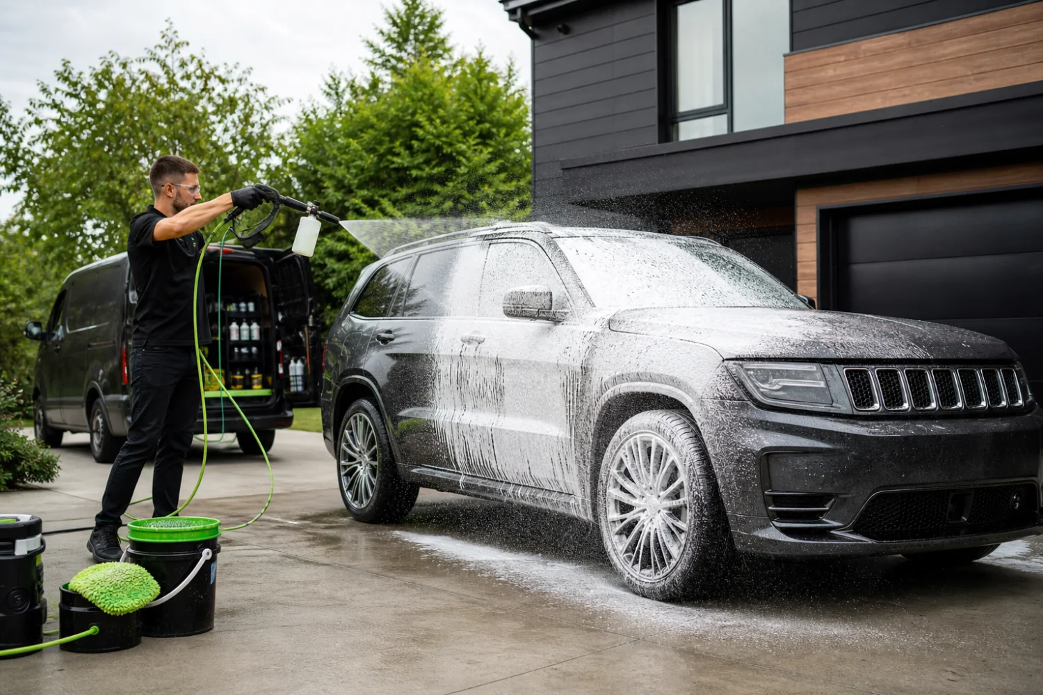 Concept image of a foam wash on a dark SUV